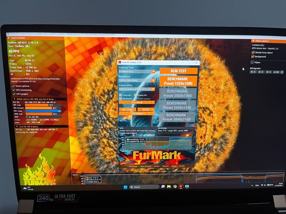Vând laptop gaming MSI GS75 Stealth 10SF – RTX 2070, i7, 16 GB RAM, ecran 240 Hz