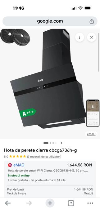 CIARRA hotă de perete 60cm Clasă A+++ 3 viteze WiFi LED – 60cm Oțel inoxidabil