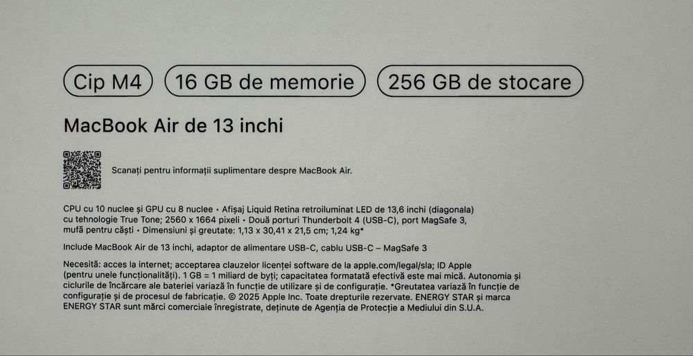 MacBook Air 13 inch M4 16GB/256GB + Husa premium inclusa