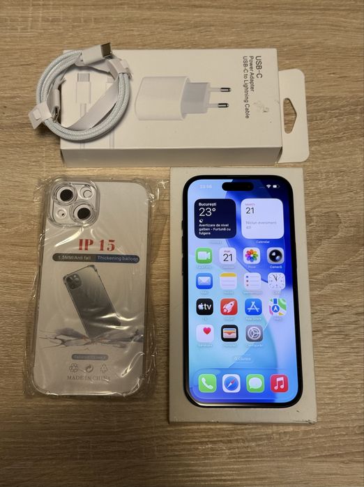 iPhone 15 128GB Black 95% Baterie + Încărcător Fast + Husă + Folie