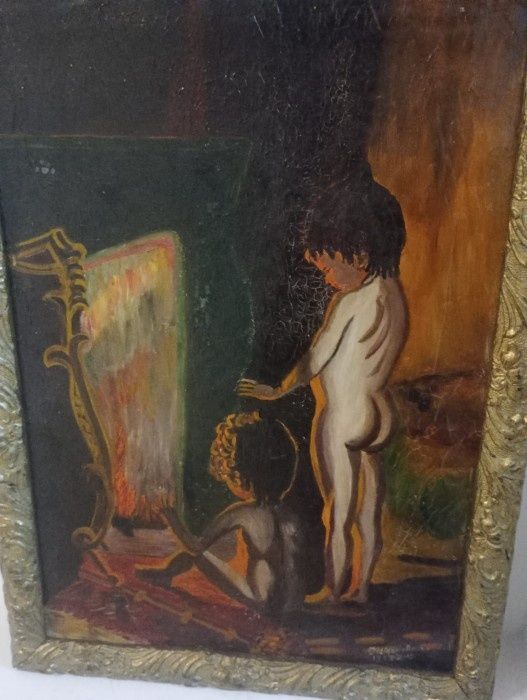 Dupa Baie"Lucrare in ulei semnata anii 1900 încadrată într-o ramă din