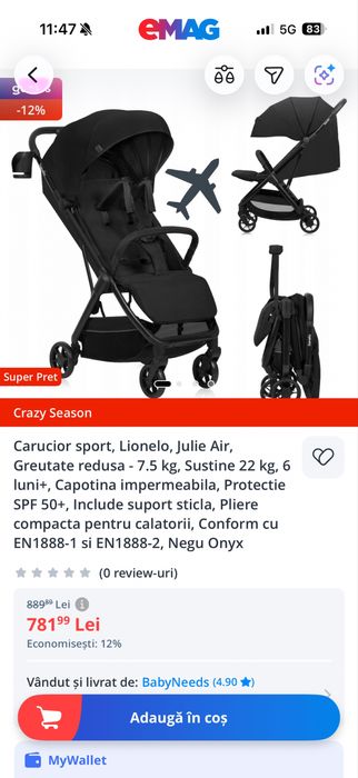 Carucior sport greutate redusa 7 kg pliere compacta  pentru calatorii