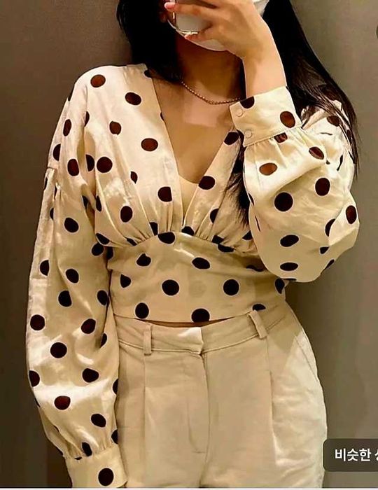 Дамска блуза Zara с десен точки, размер М/L, лен и памук