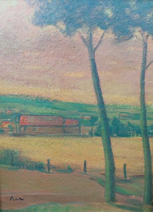 Tablou vechi - apus peste sat - semnat Baba