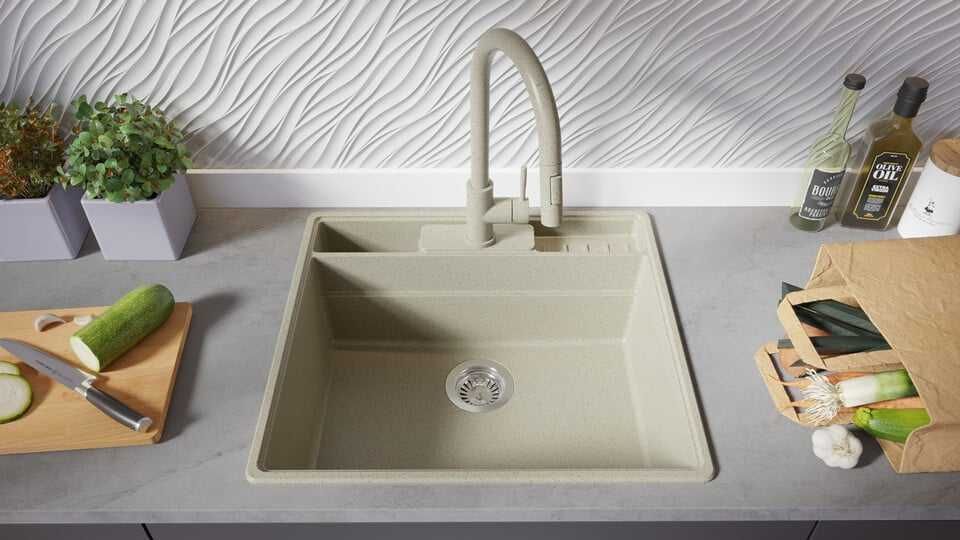 Беж кухненска мивка от гранит Ню Йорк 60 Multispace 580 x 530 мм