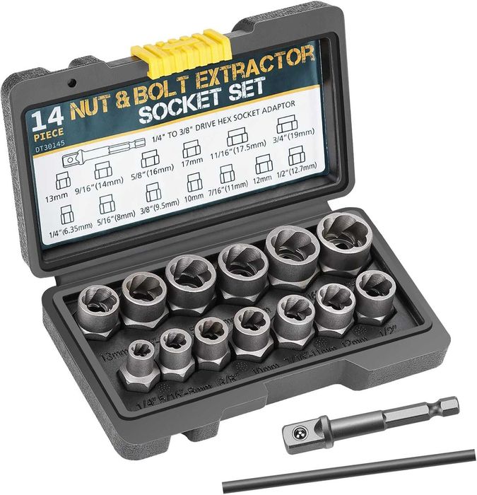 Set Extractoare Suruburi 14 PieseChromeMolibden,Adaptor 1/4 la 3/8 Hex