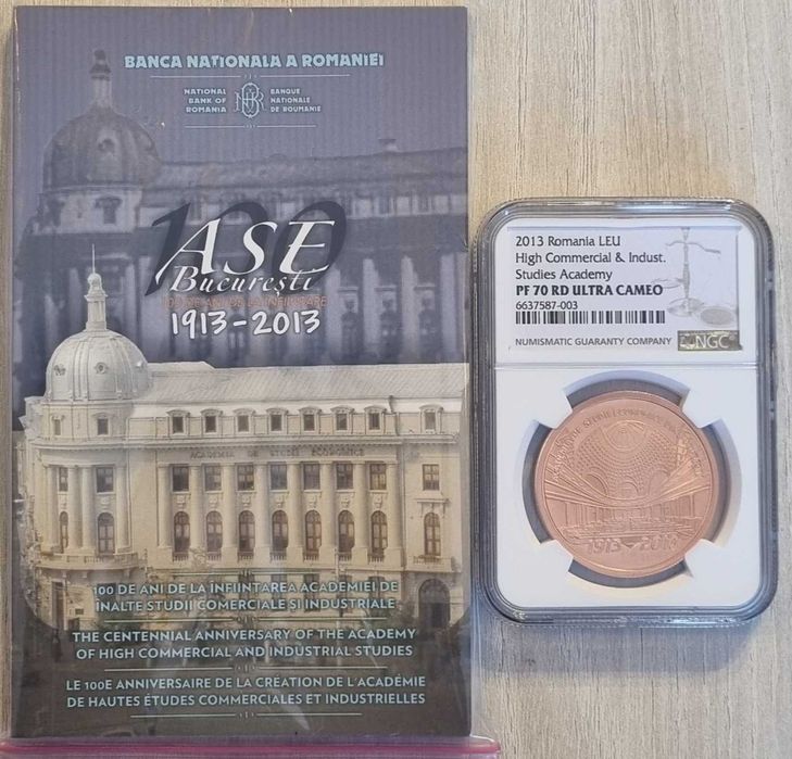 Moneda BNR 1 leu tombac ASE gradata NGC PF 70 UC Top Pop