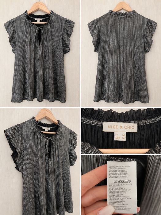 Bluză damă Nice & Chic plisată argintiu metalizat elegantă mărimea M