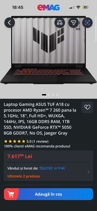 Laptop Gaming ASUS TUF A18 RTX 5050 8GB / Ryzen 7 / 18” 144Hz / GARANȚIE 30 luni
