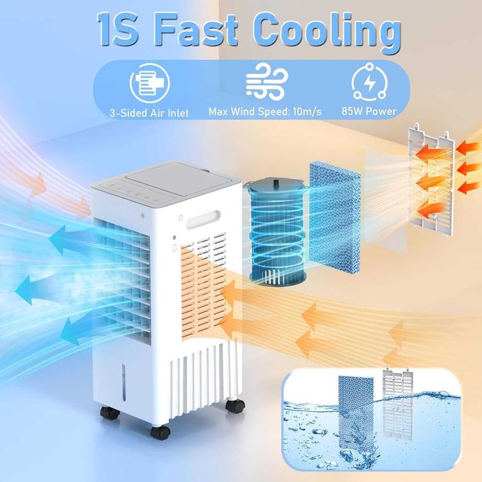 Aparat de Aer condiționat Mobil, Răcitor de aer 4 în 1--Ventilator cu Răcire cu Apă,  Răcitor prin Evaporare,  Rezervor de apă de 8 l, Telecomandă