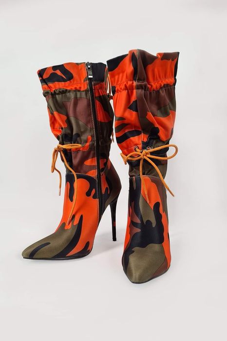 Botine satin sliletto Dama camuflaj toc cui varf ascutit