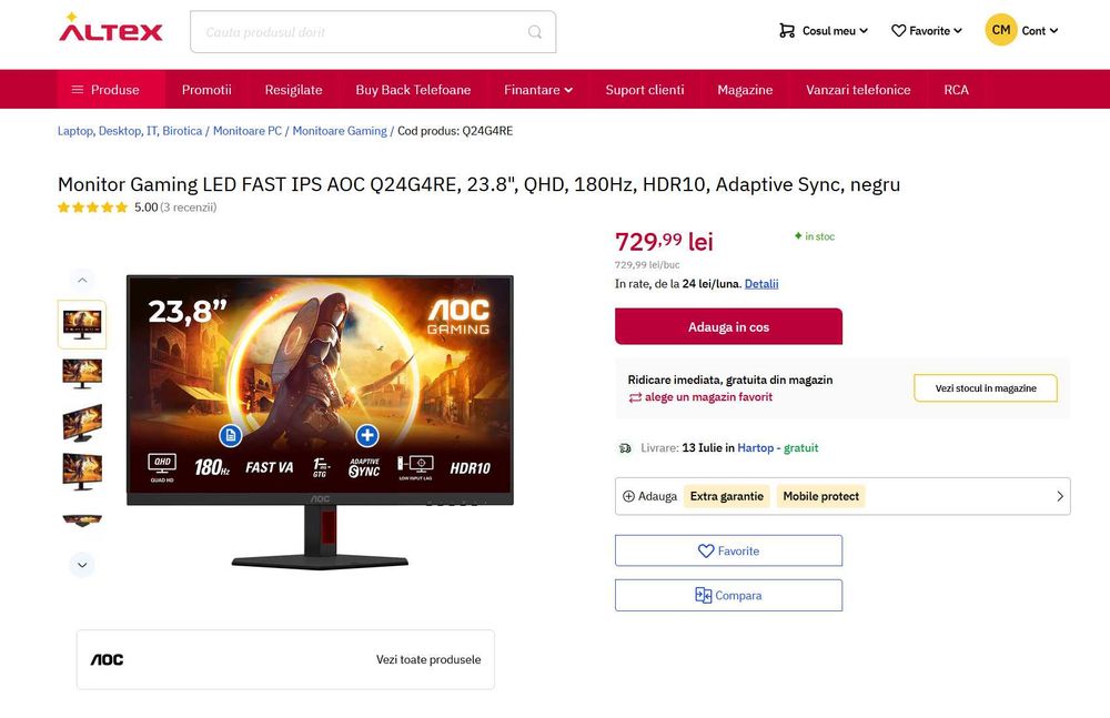 Monitor Gaming 1440p 180Hz 24'' IPS AOC Q24G4RE - Garantie & Culori Calibrate