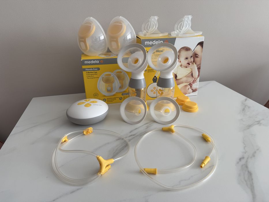 Продавам MEDELA Двойна двуфазна електрическа помпа за кърма Swing + Колекторни чаши за кърма Medela Hands-free.