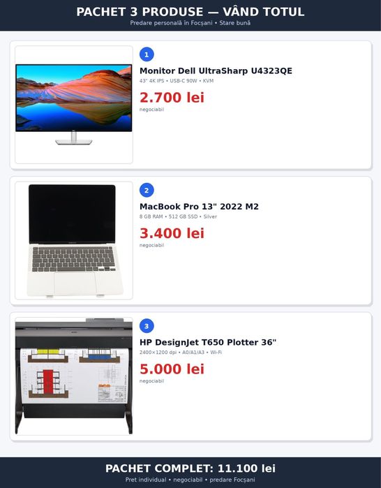 Vand Macbook Pro M2 13 inch 2022 baterie 98% 76 cicluri de incarcare, Plotter HP A0, Monitor Dell 4k