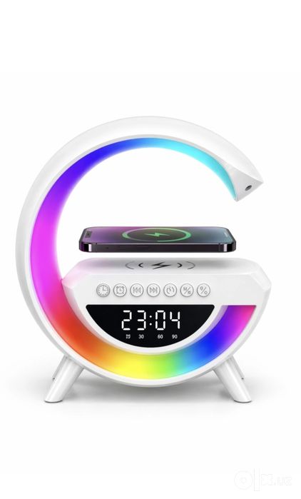 RGB LED Беспроводная зарядка Bluetooth, Колонка с часами и подсветкой.