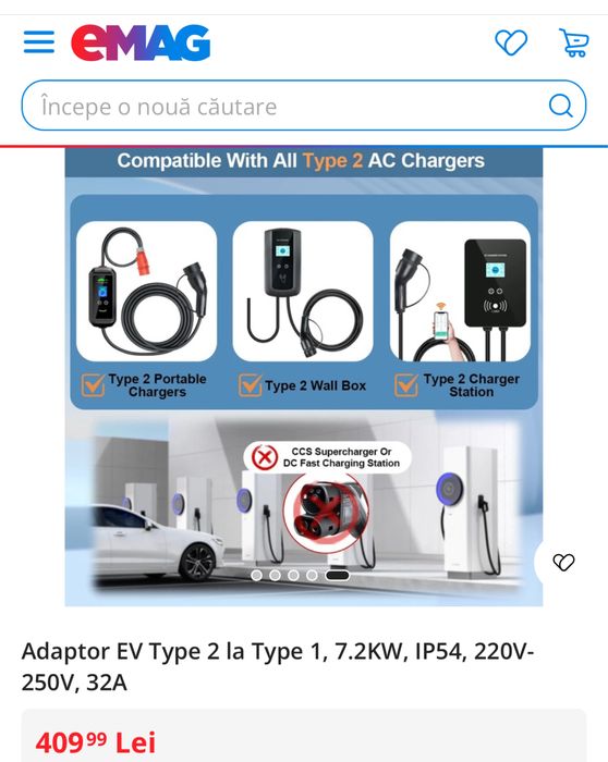 Adaptor încărcare Type 2 la Type 1 (J1772) 32A 7.2 kW | Nou