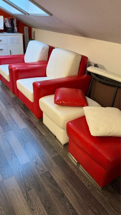 Canapea Extensibila piele naturala, fotolii, tabureti, masuta, perne