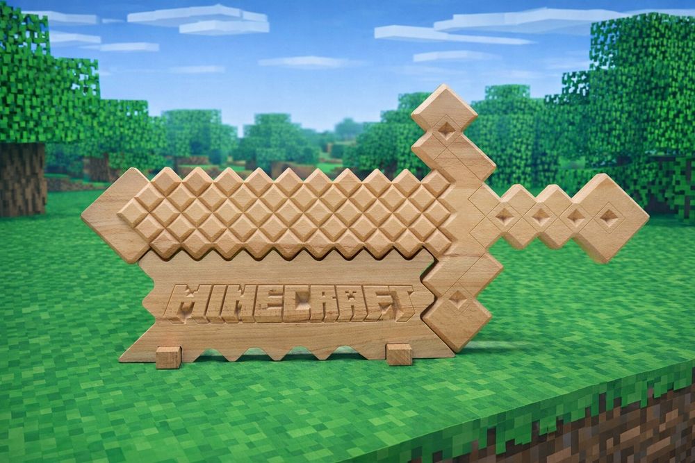 Set copii Minecraft, "Diamond Sword and Axe", lemn masiv, cu suport