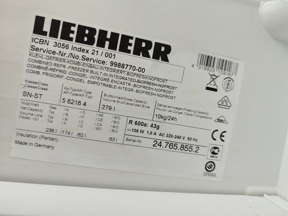 Хладилник с фризер Liebherr ICBN 3056 - NoFrost За вграждане клас А+