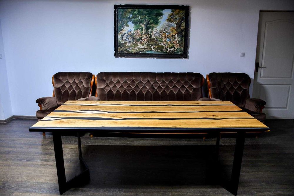 Masă living lemn masiv stejar+răsină epoxidică,handmade