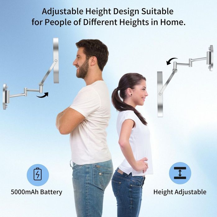 Oglindă de machiaj reîncărcabilă de 5000mAh cu mărire 1X/20X – 9 inci Alb