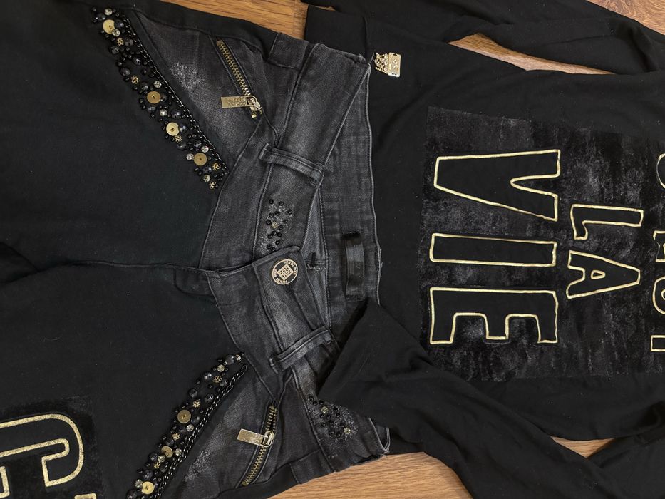 Balmain,Raw Denim сет, Сатенен комплект черен, С размер