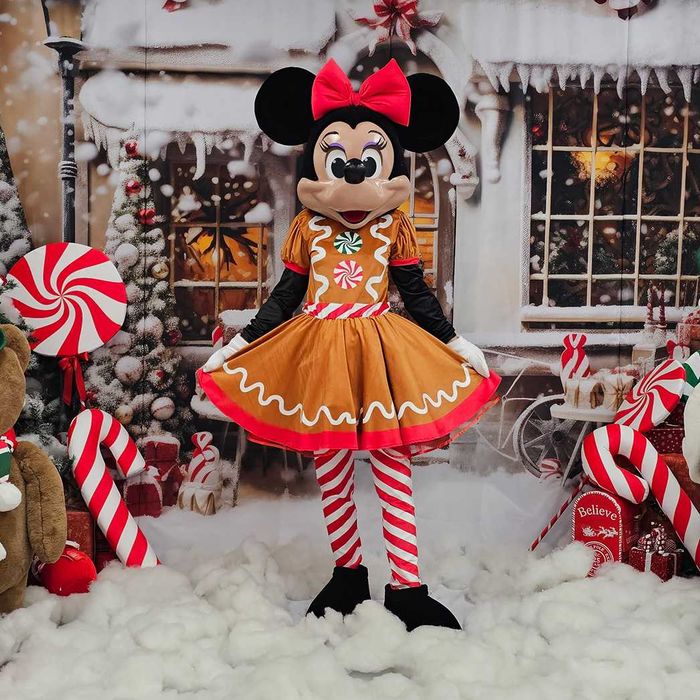Costum Mascotă Minnie Mouse Disney de Crăciun cu Cap 3D Profesional – Rochie Turtă Dulce, Handmade, Petreceri și Evenimente