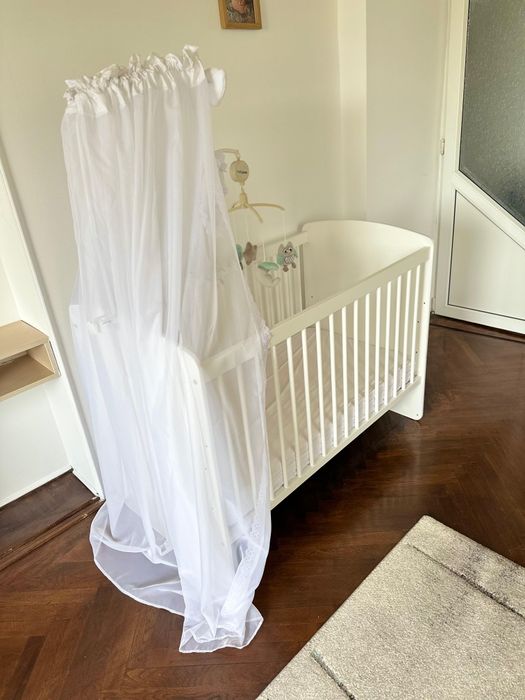 Pătuț bebe din lemn + saltea cocos + baldachin, 120x60