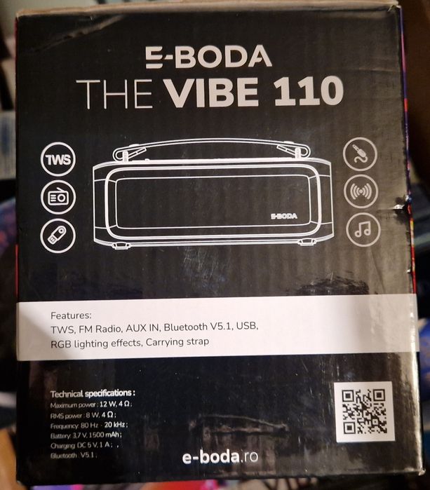 Boxa portabila E-BODA The Vibe 110, Bluetooth, USB, Radio FM, RGB, negru