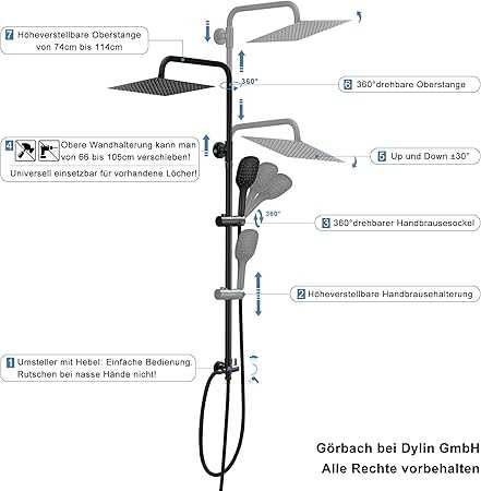 Coloană de duș pătrată Görbach înălțime reglabilă Neagra
