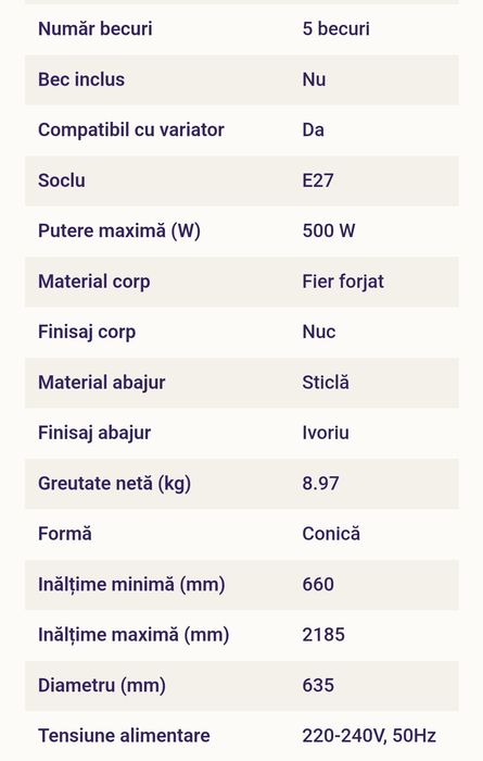 Vând lustra din fier forjat,nuc ivoir, abajur sticlă opal,5×E27