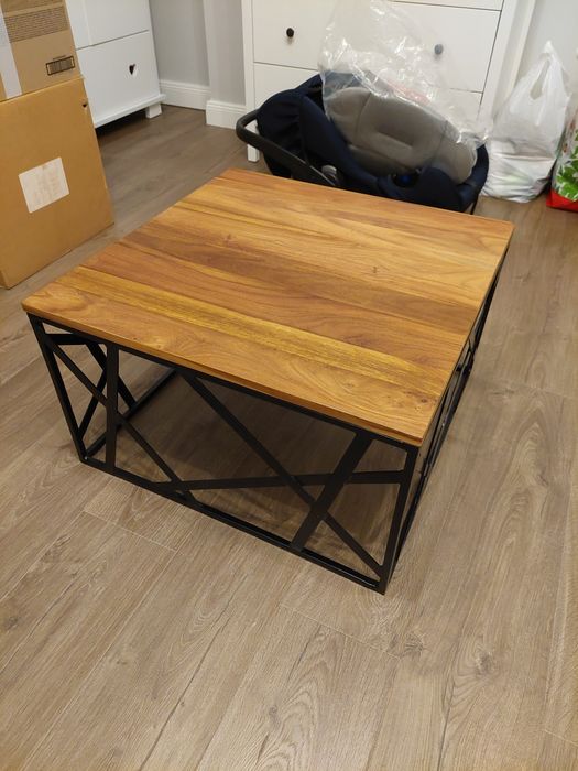 Masuta cafea metal cu blat lemn 60x60x35 cm, stil industrial