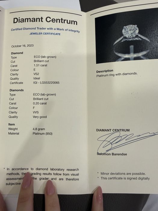 Диамантен пръстен 1,5 карата. Платина