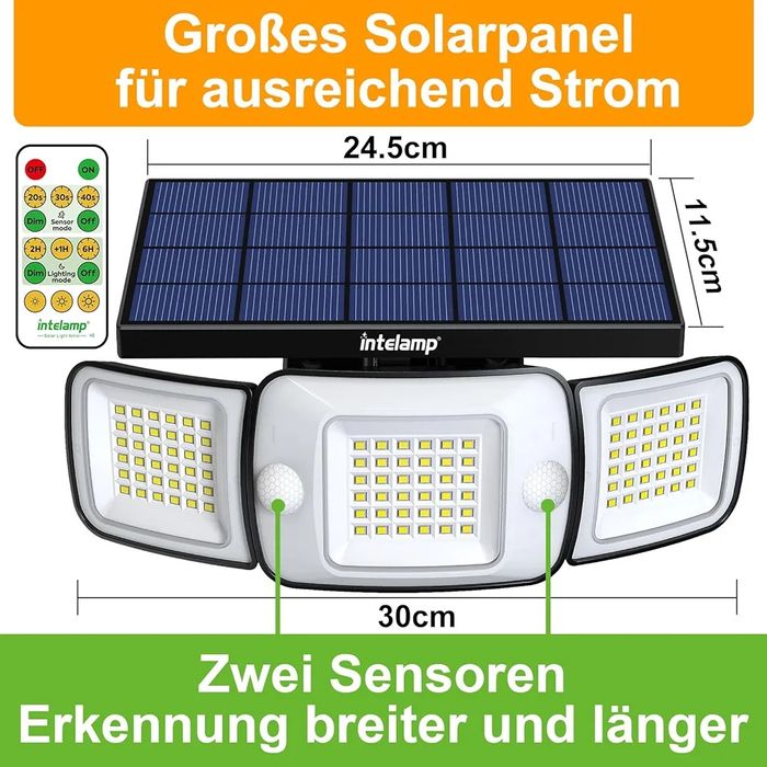 Соларна LED лампа Intelamp с 2 сензора, 1200lm 6000mAh LiFePO4 батерия