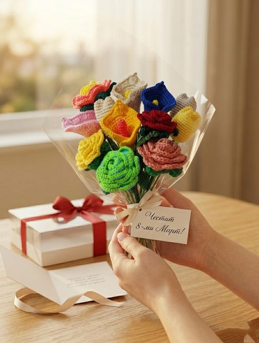 Ръчно плетени букети за 8-ми Март