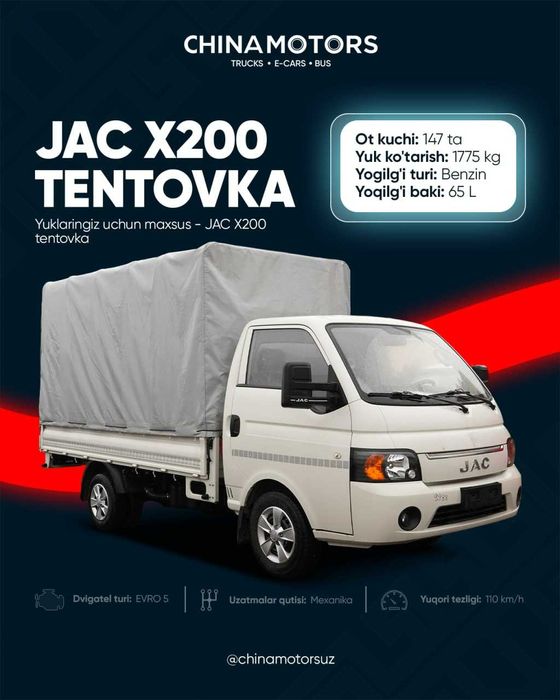 JAC X200 tentovka 2ta laboni o'rnini bosadigan yuk mashina