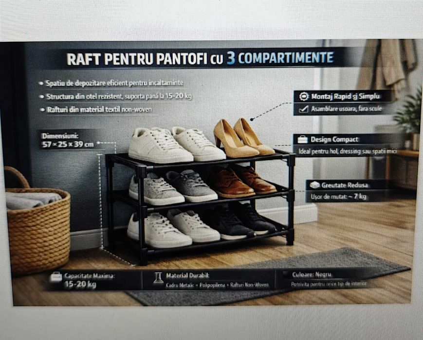 Raft pantofi 3 nivele – compact, rezistent, negru