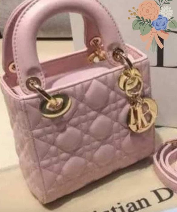 Geanta mini Lady roz pudra, logo metalic, saculet, etichetă