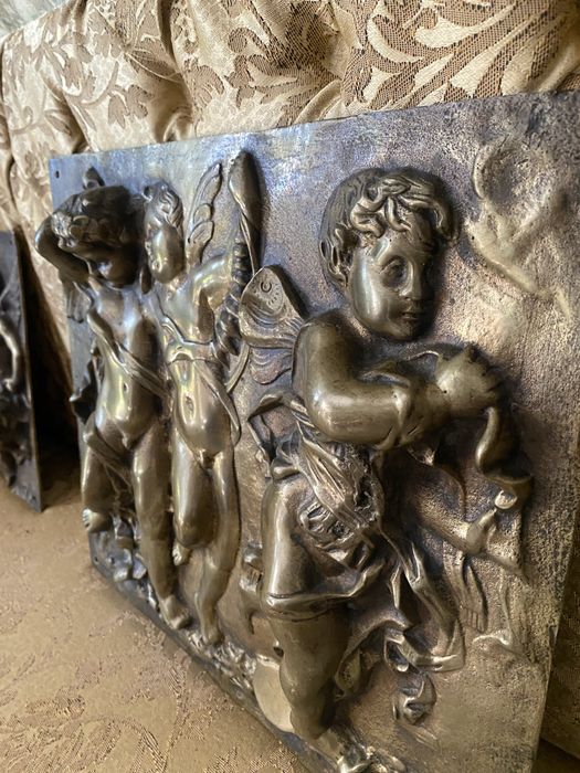 Placa Bronz Masiv Basorelief Ingerasi Amorasi Tablou Vintage Sculptura