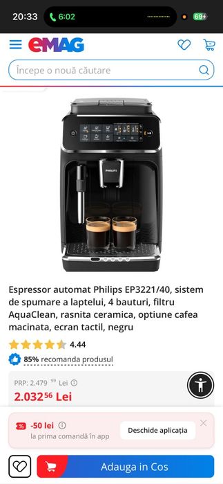 Espressor automat Philips EP3221/40, ecran tactil, râșniță ceramică