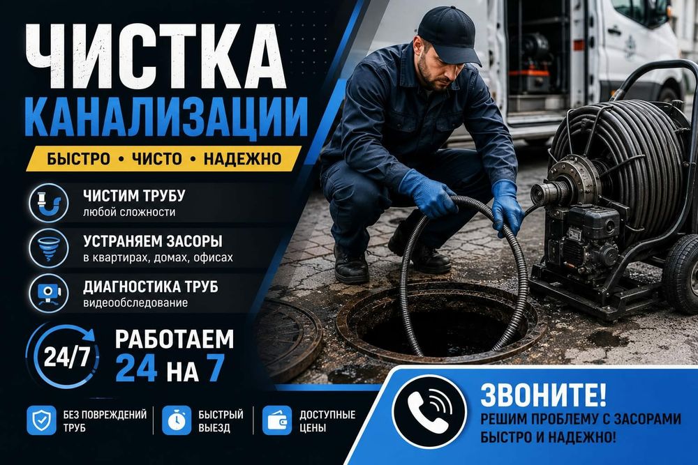 Сантехник 24/7 чистка канализации засоры прочистка труб
