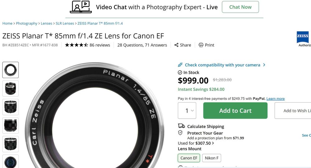 Obiectiv Superb Zeiss Planar T* 85mm f 1.4 ZE - Canon EF