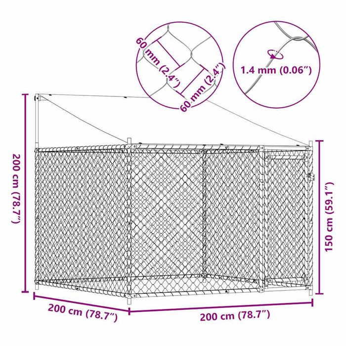 Cușcă pentru câini cu acoperiș și ușă 2x2x2 m, gri oțel galvanizat VidaXL