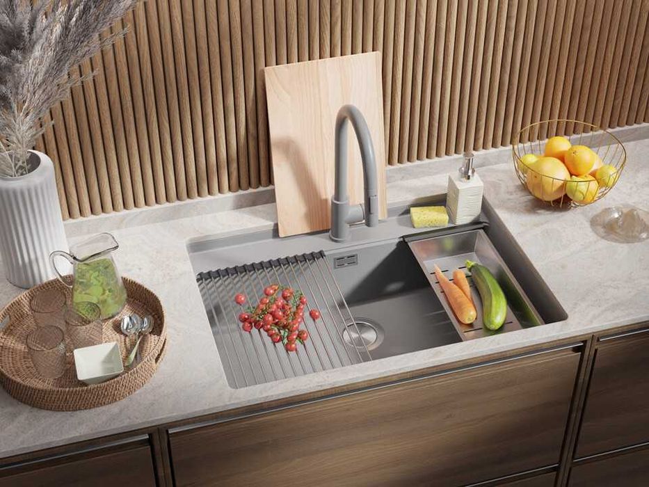 Сива кухненска мивка за вграждане под плот Берген 80 Low 760x530 мм