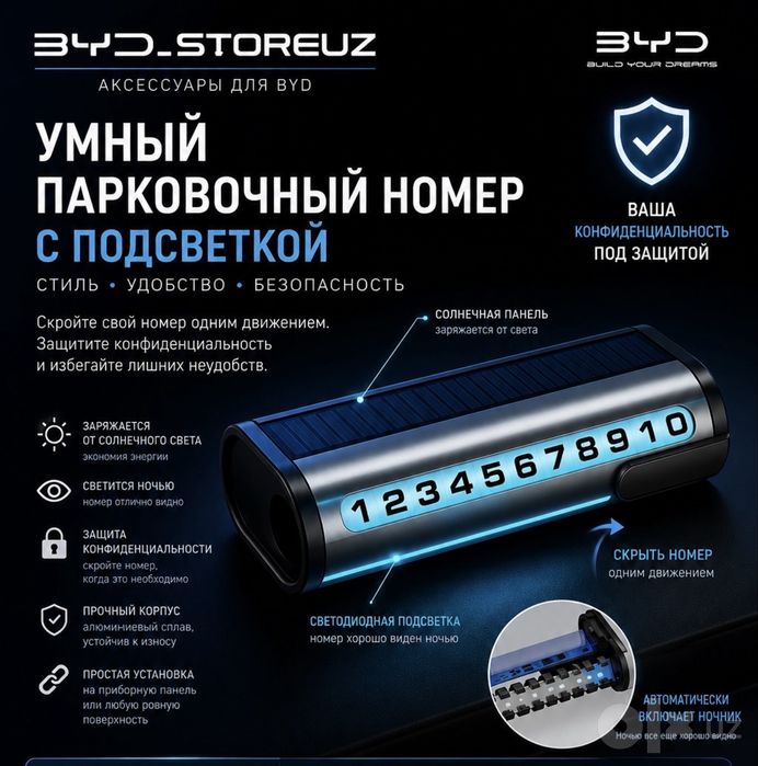 Парковочный номер с подсветкой, логотипом BYD