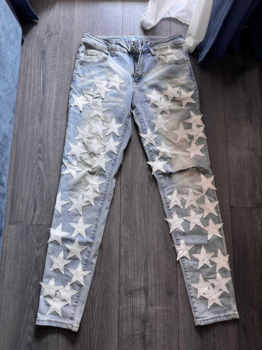 Blugi denim amiri style cu aplicații stele albe