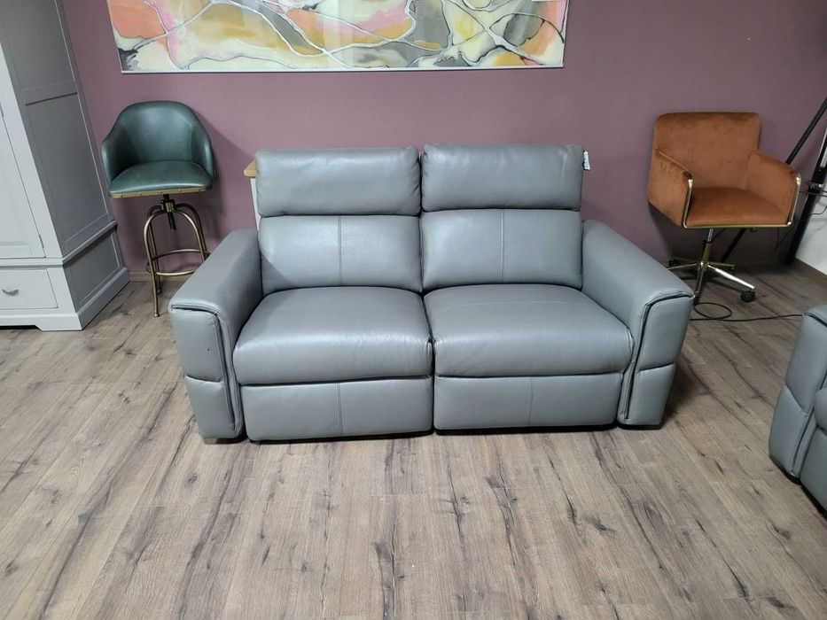 Сив кожен комплект дивани две двойки с електрически релакс механизъм