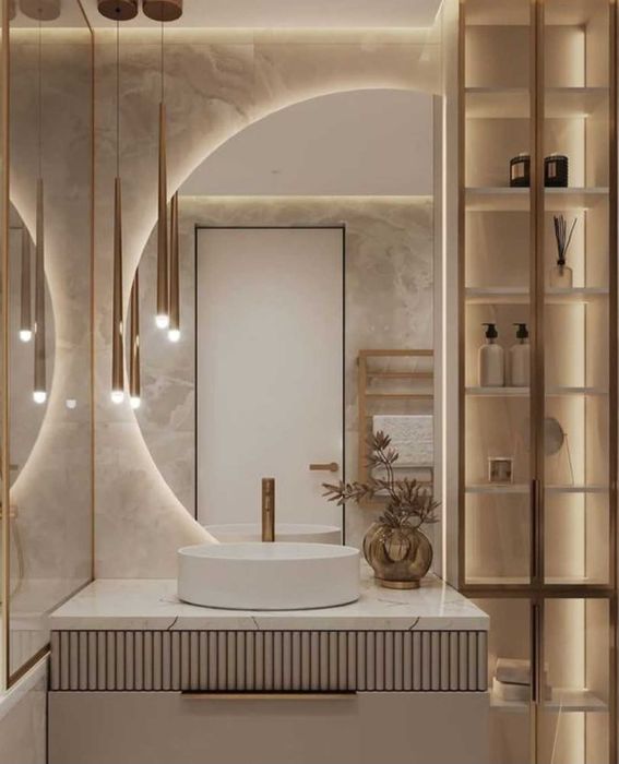 Огледало за баня с чисти линии и скрито LED осветление