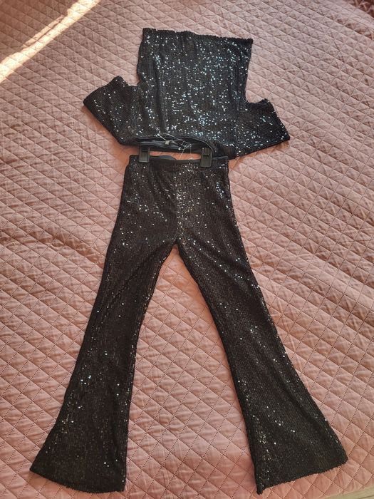 Детски сет за момиче, топ и панталон, в черно с пайети