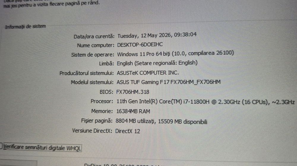 Problema bios laptop gaming Asus 17" 144Hz i7 11800H RTX 3060